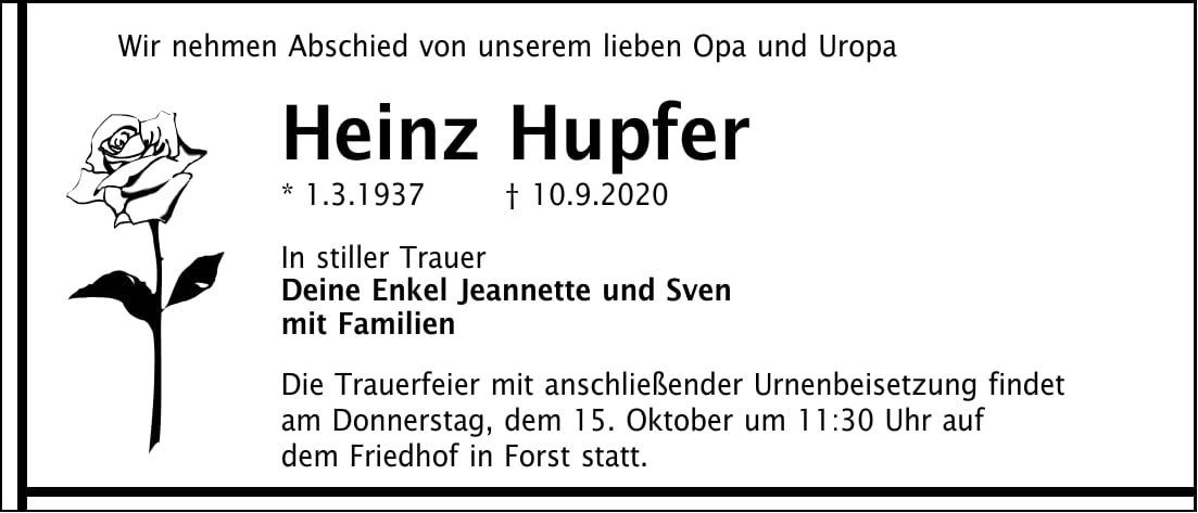 Traueranzeige Heinz Hupfer