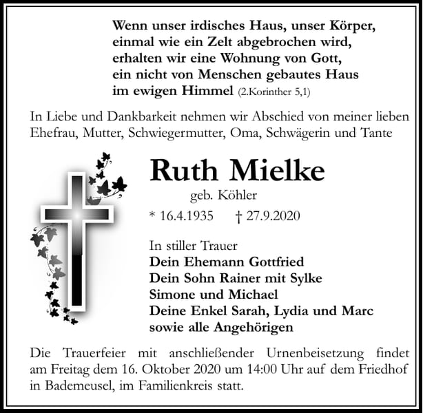 Traueranzeige Ruth Mielke, geb. Köhler