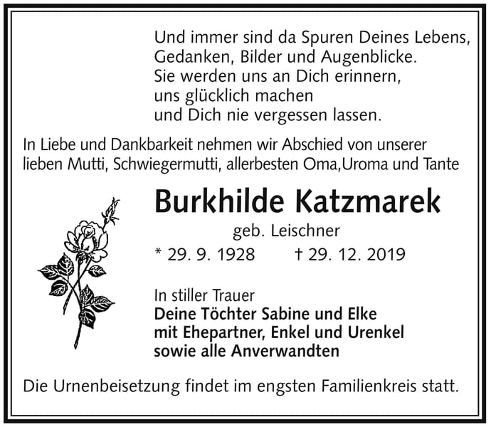 Traueranzeige Burkhilde Katzmarek, geb. Leischner