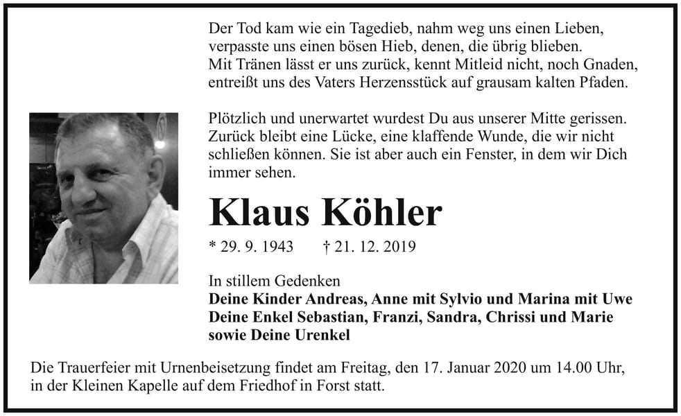 Traueranzeige Klaus Köhler
