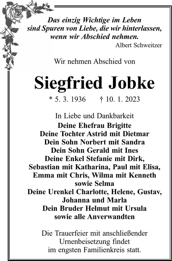 Traueranzeige Siegfried Jobke