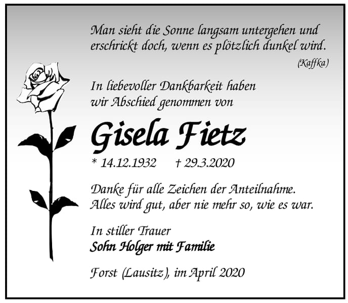 Traueranzeige Gisela Fietz