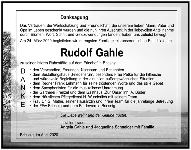 Danksagung Rudolf Gahle