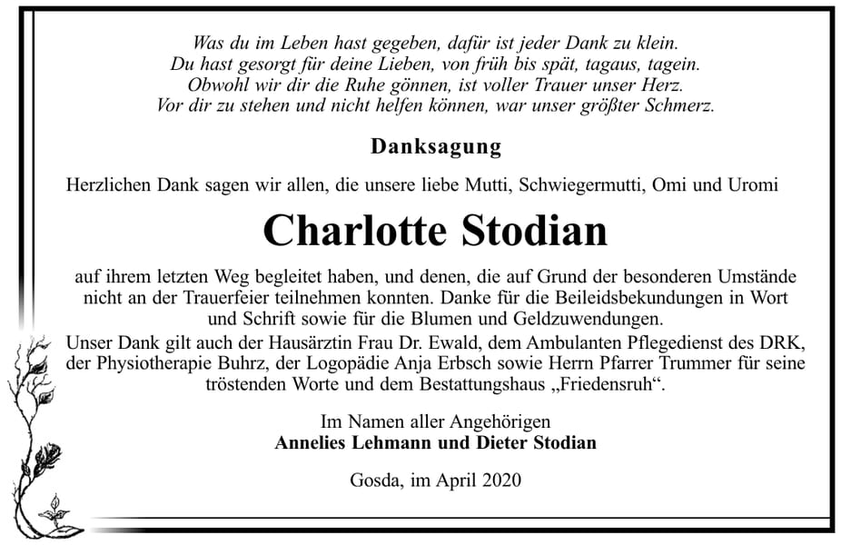 Danksagung Charlotte Stodian