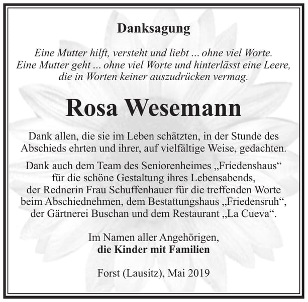 Danksagung Rosa Wesemann