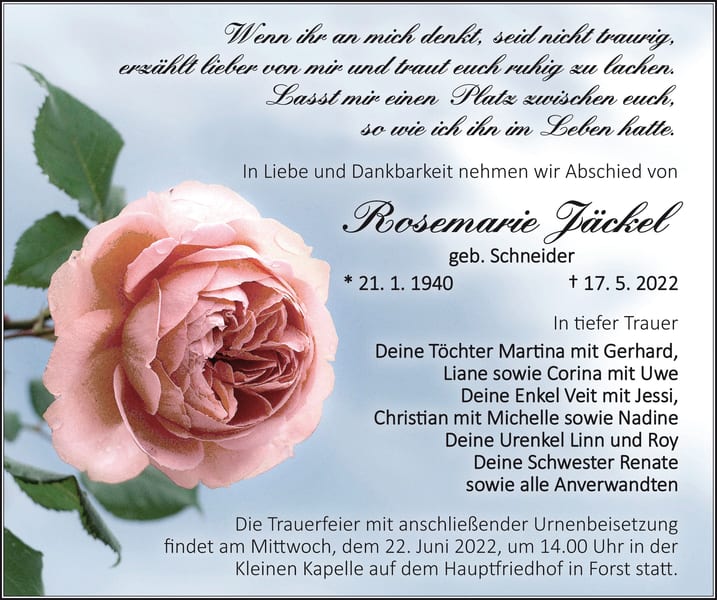 Traueranzeige Rosemarie Jäckel, geb. Schneider