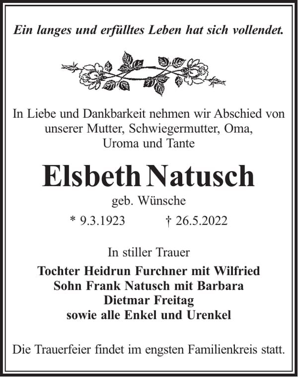 Traueranzeige Elsbeth Natusch, geb. Wünsche