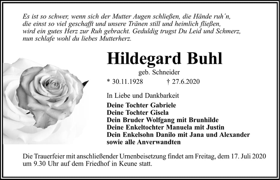 Traueranzeige Hildegard Buhl, geb. Schneider