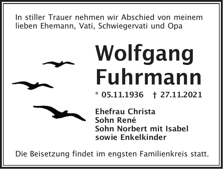 Traueranzeige Wolfgang Fuhrmann