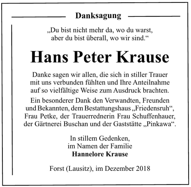 Danksagung Hans Peter Krause