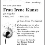Traueranzeige Frau Irene Kunze, geb. Heppchen