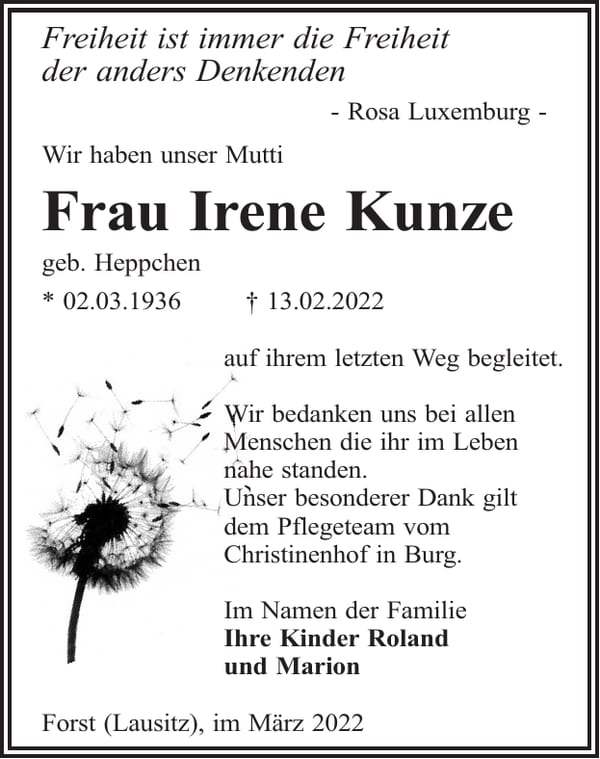 Traueranzeige Frau Irene Kunze, geb. Heppchen