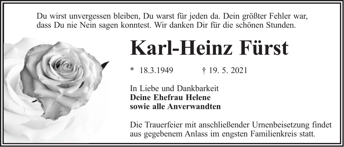 Traueranzeige Karl-Heinz Fürst