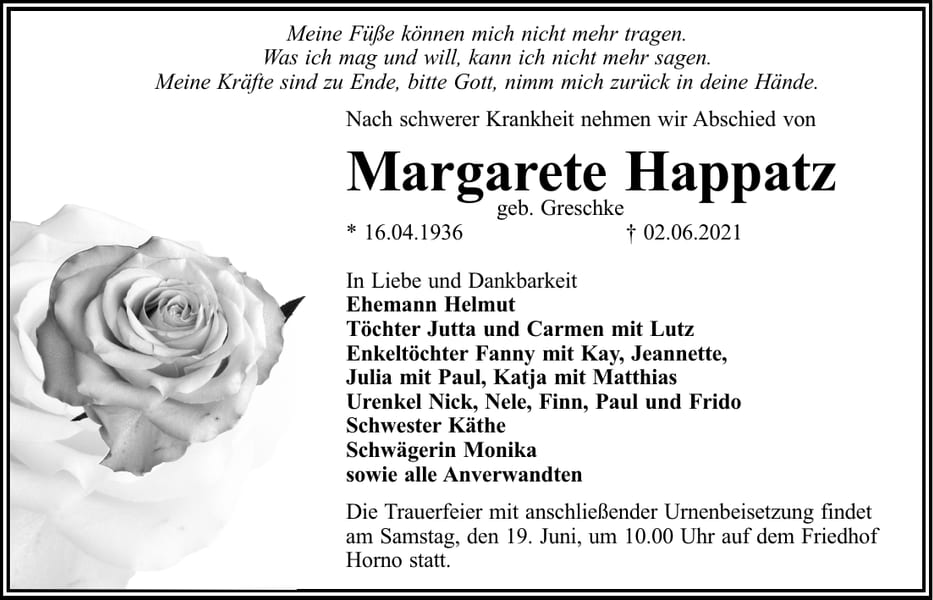 Traueranzeige Margarete Happatz, geb. Greschke