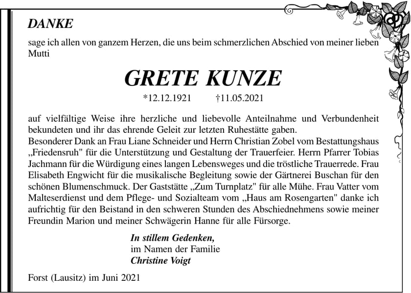 Danksagung Grete Kunze