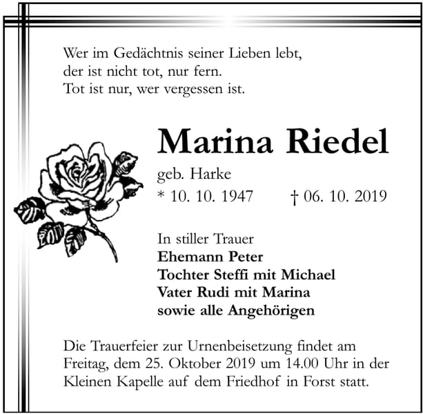 Traueranzeige Marina Riedel, geb. Harke