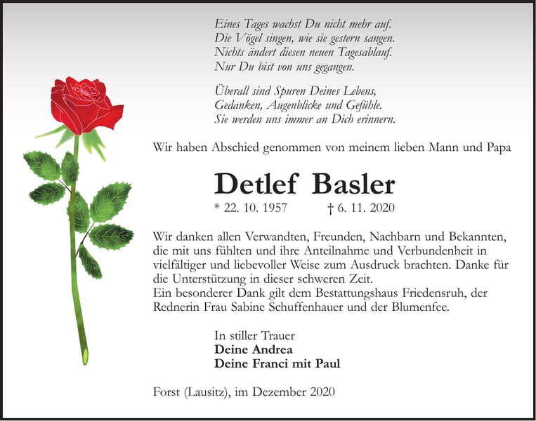Traueranzeige Detlef Basler