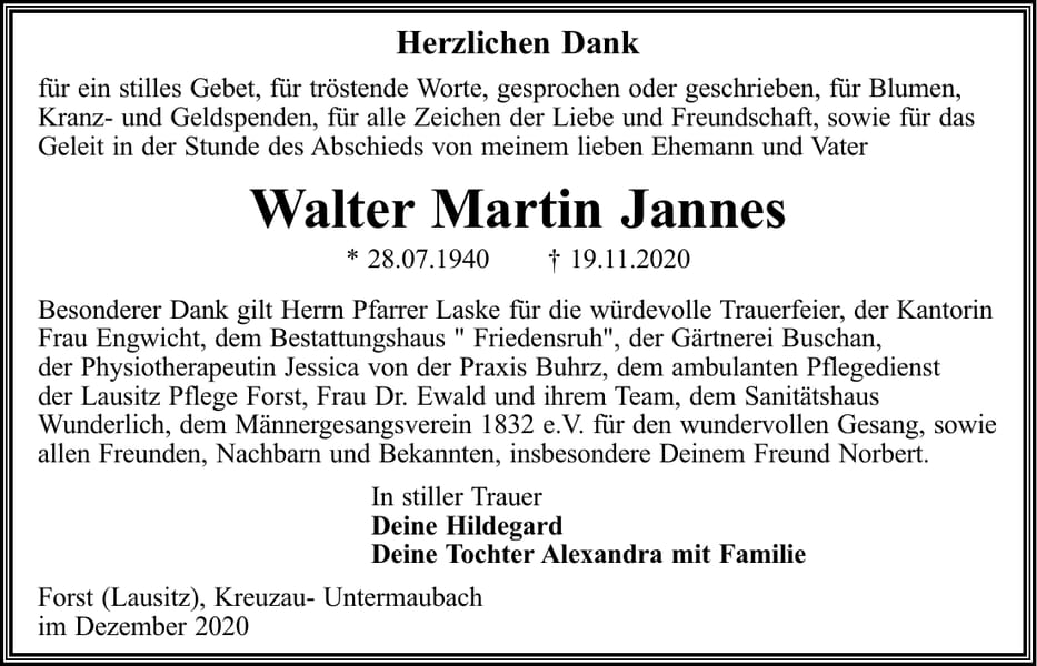 Danksagung Walter Martin Jannes