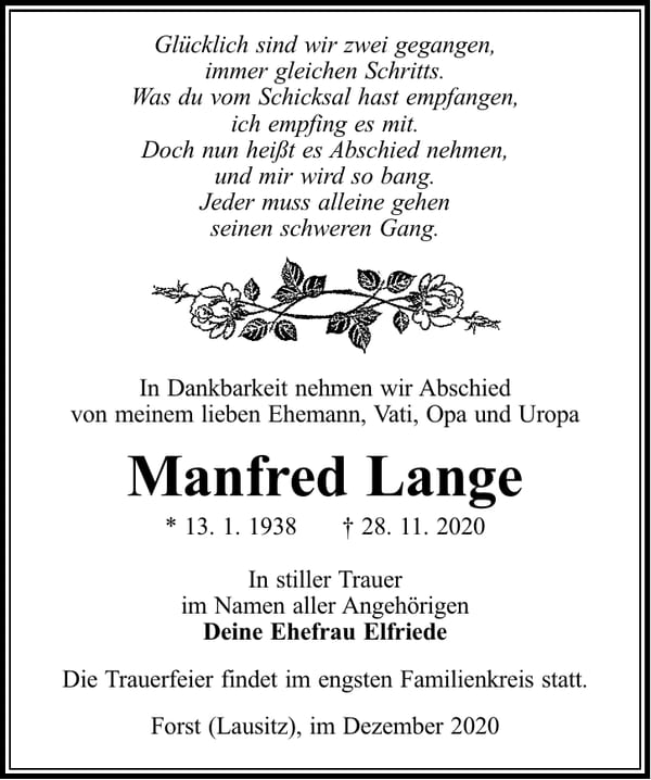 Traueranzeige Manfred Lange
