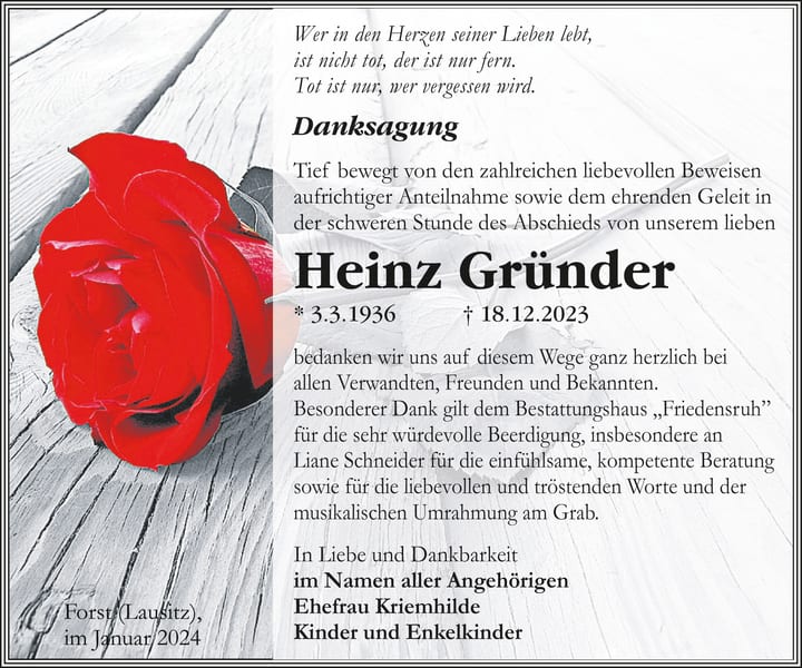 Danksagung Heinz Gründer