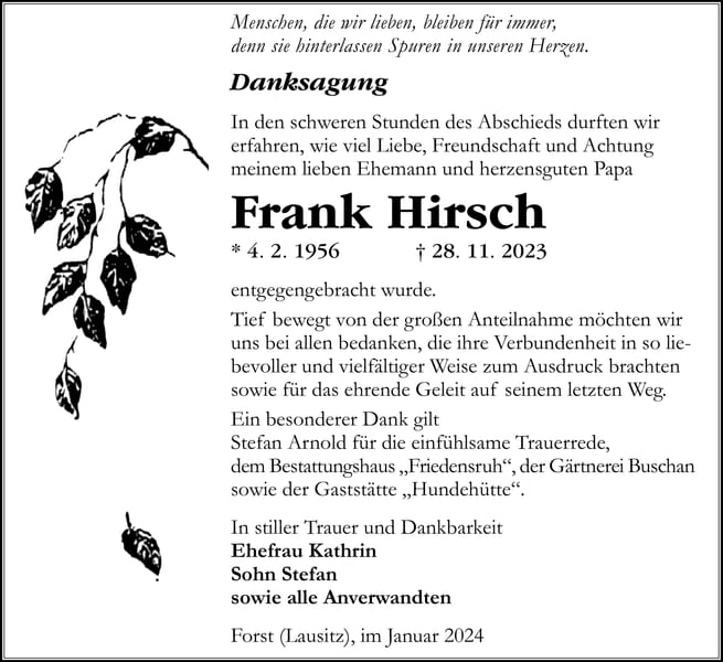 Danksagung Frank Hirsch