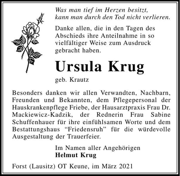 Danksagung Ursula Krug, geb. Krautz