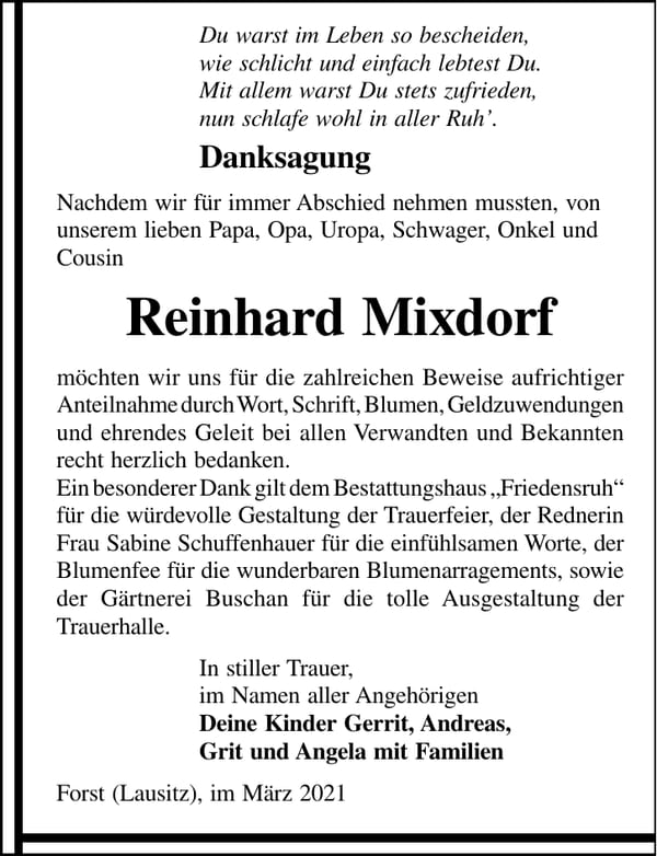 Danksagung Reinhard Mixdorf