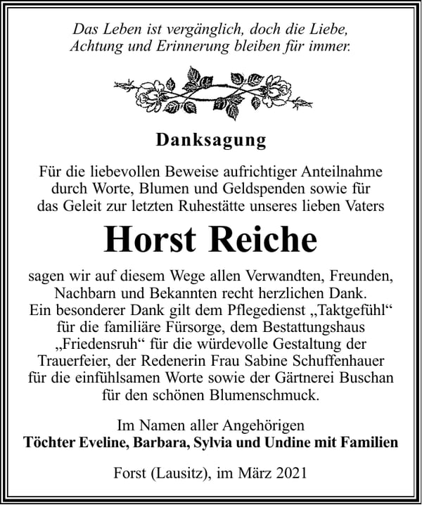 Danksagung Horst Reiche
