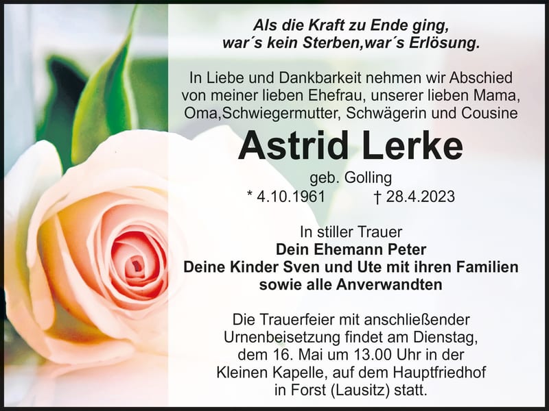 Traueranzeige Astrid Lerke, geb. Golling