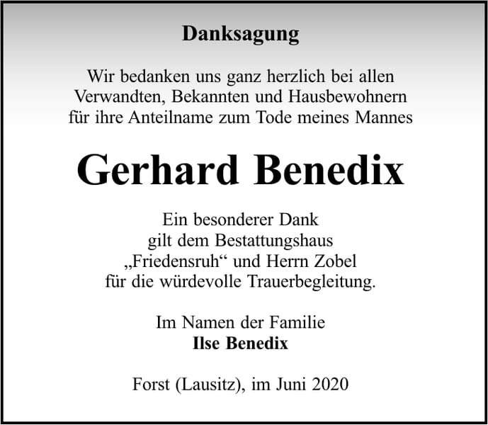 Danksagung Gerhard Benedix