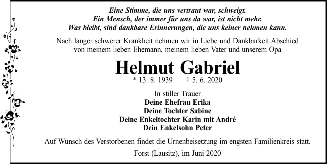 Traueranzeige Helmut Gabriel