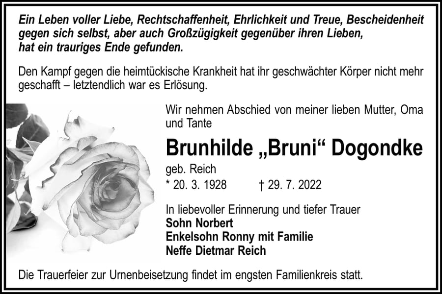 Traueranzeige Brunhilde „Bruni“ Dogondke, geb. Reich