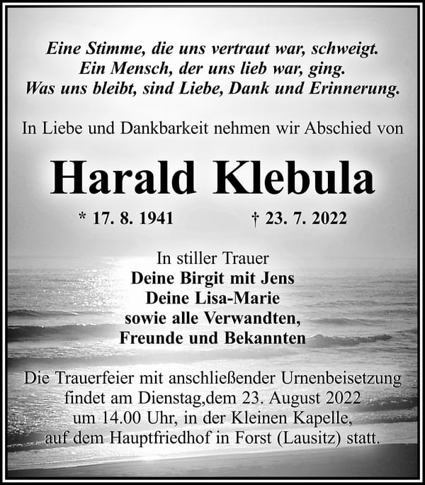 Traueranzeige Harald Klebula