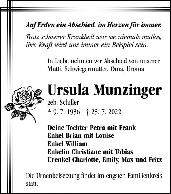Traueranzeige Ursula Munzinger, geb. Schiller