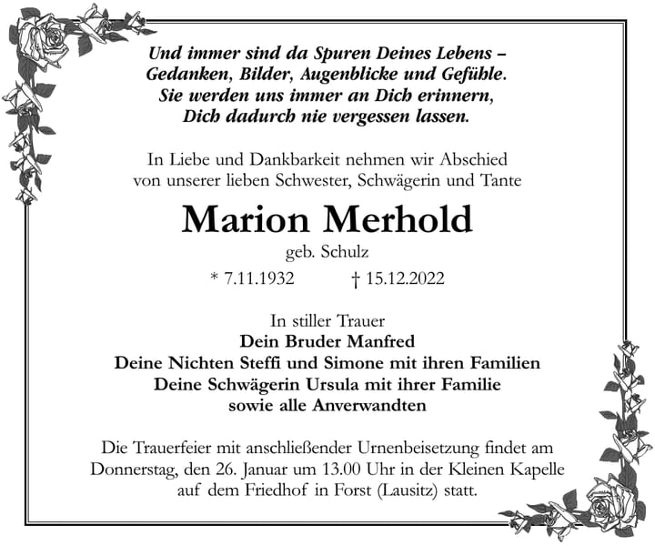 Traueranzeige Marion Merhold, geb. Schulz