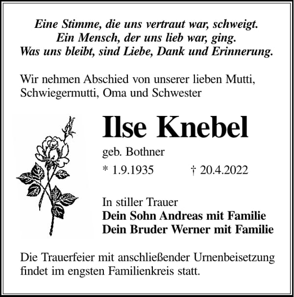 Traueranzeige Ilse Knebel, geb. Bothner
