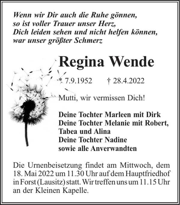 Traueranzeige Regina Wende