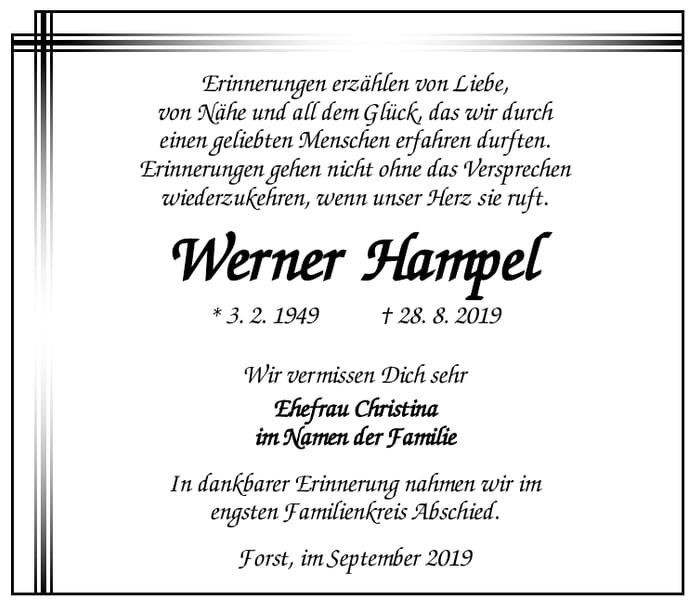 Traueranzeige Werner Hampel