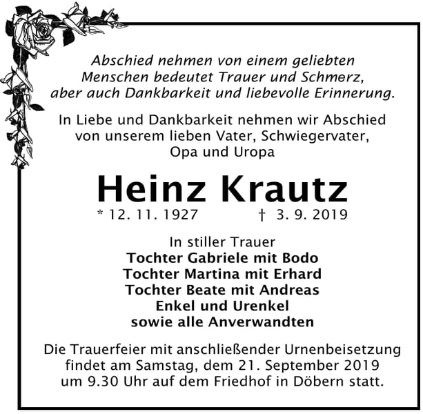 Traueranzeige Heinz Krautz