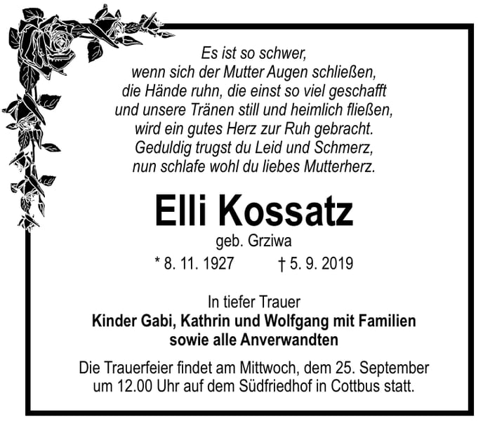 Traueranzeige Elli Kossatz, geb. Grziwa