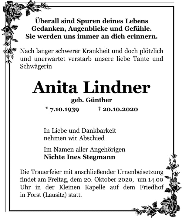 Traueranzeige Anita Lindner, geb. Günther