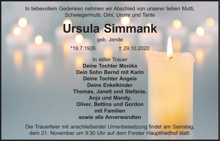 Traueranzeige Ursula Simmank, geb. Jende