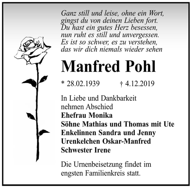 Traueranzeige Manfred Pohl