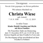Traueranzeige Christa Wiese, geb. Jentsch