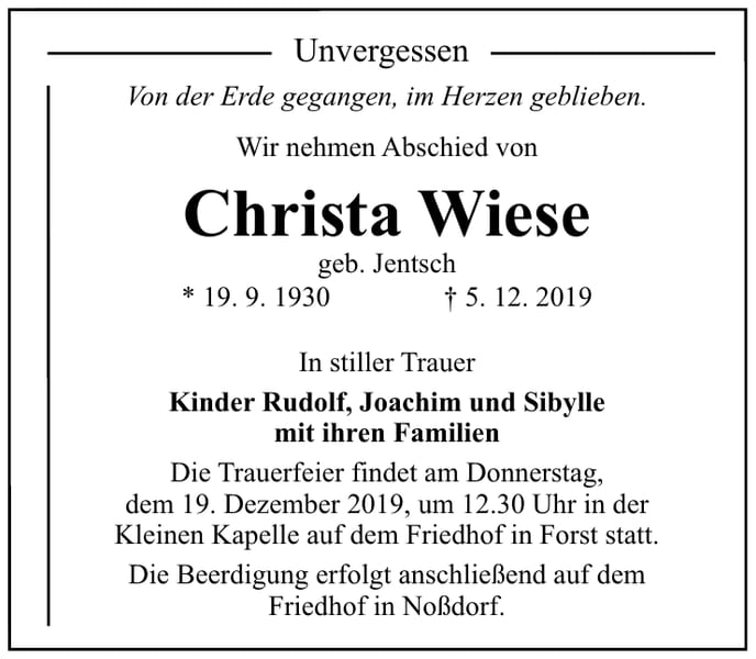Traueranzeige Christa Wiese, geb. Jentsch