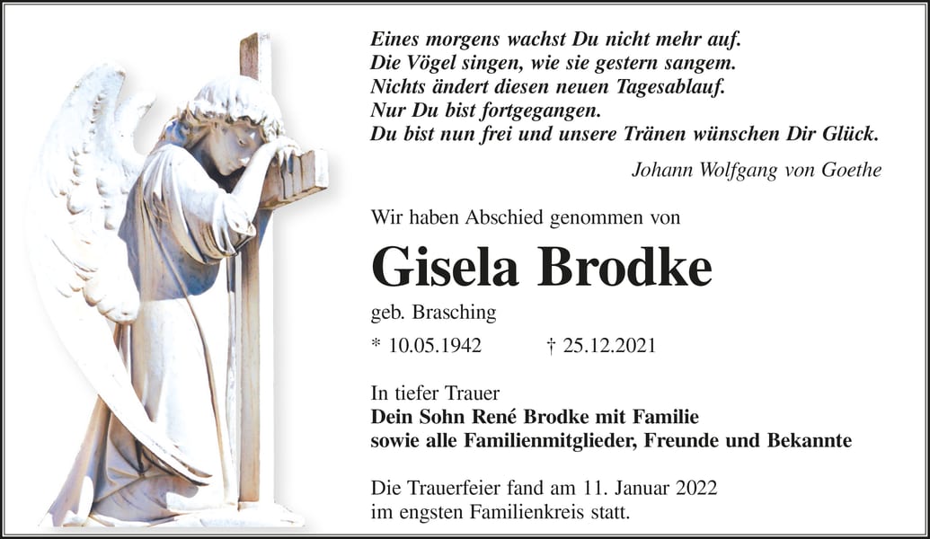 Traueranzeige Gisela Brodke, geb. Brasching