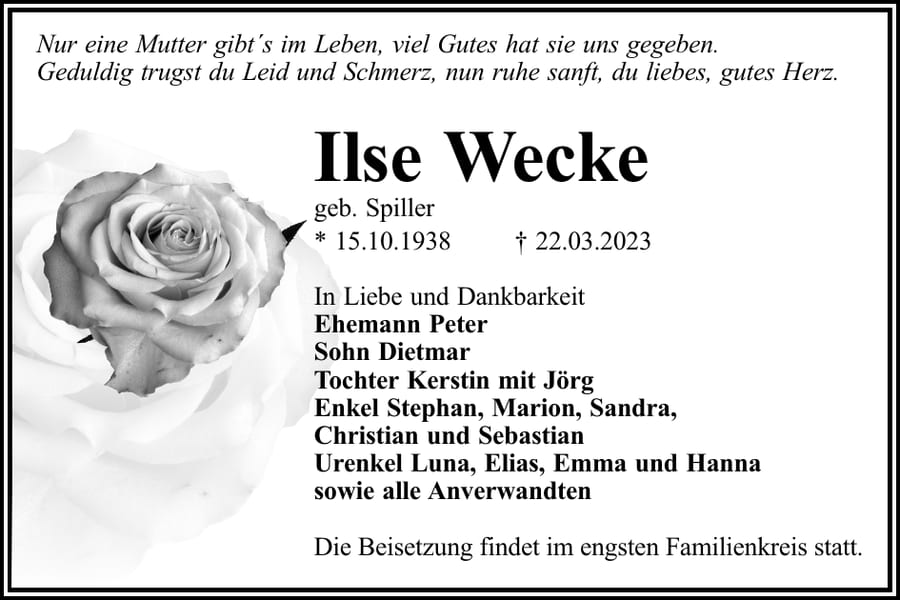 Traueranzeige Ilse Wecke, geb. Spiller