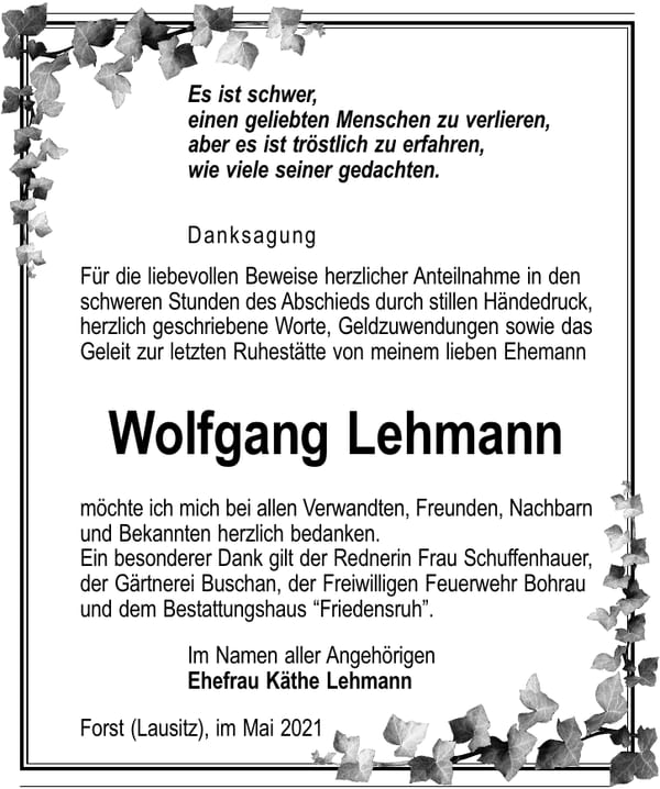 Danksagung Wolfgang Lehmann