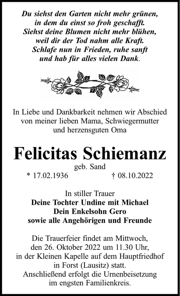 Traueranzeige Felicitas Schiemanz, geb. Sand