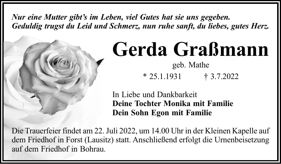Traueranzeige Gerda Graßmann, geb. Mathe
